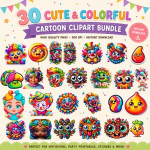 Paquete de imágenes prediseñadas de cumpleaños de Plim Plim, animales kawaii de payasos de dibujos animados (descarga digital)