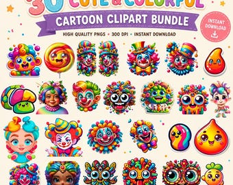 Plim Plim Geburtstag Clipart Bundle, Cartoon Clown Kawaii Tiere (digitaler Download)