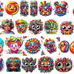 May include: A collection of colorful stickers featuring various cartoon characters, clowns, and abstract shapes. The designs include bright rainbows, smiling faces, and whimsical patterns in vibrant shades of red, blue, yellow, and green.