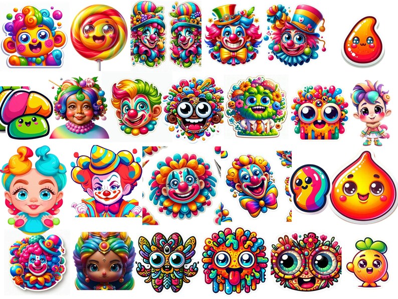 May include: A collection of colorful stickers featuring various cartoon characters, clowns, and abstract shapes. The designs include bright rainbows, smiling faces, and whimsical patterns in vibrant shades of red, blue, yellow, and green.
