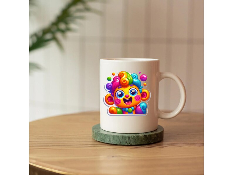 May include: A white ceramic mug featuring a colorful graphic of a cartoon monkey with bright rainbow-colored fur, large blue eyes, and a wide smile. The monkey character is depicted with swirling patterns in its hair and ears, set against a plain white background.