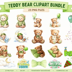Green Teddy Bear Clipart PNG Bundle: Adorable Bear Graphics (Digital Download)