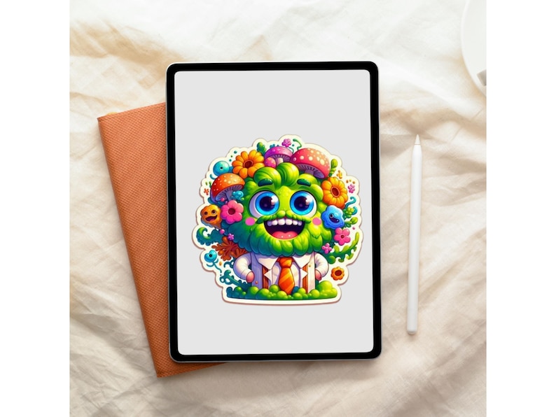 May include: A digital tablet displaying a colorful sticker of a green, furry creature with large blue eyes, a wide smile, and a beard. The creature is adorned with various flowers and mushrooms on its head and wears a white shirt with an orange tie.