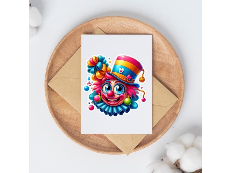 May include: A white greeting card featuring a colorful illustration of a clown face with bright pink hair, a blue ruffled collar, and a striped top hat adorned with a small white heart. The clown has large blue eyes and a red nose.
