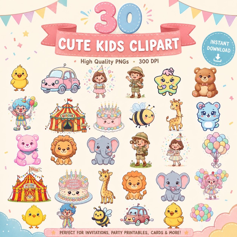 K&ouml;nnte beinhalten: Eine digitale Sammlung von 30 niedlichen Kinder-Clipart-Illustrationen mit Zeichentricktieren, Zirkuszelten, Geburtstagstorten, Kindern in Entdecker-Outfits, Clowns, Autos und Luftballons auf einem hellen, cremefarbenen Hintergrund.