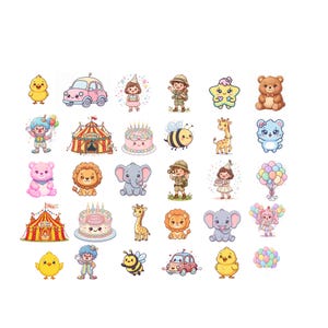 May include: A collection of thirty-one individual stickers featuring cartoon illustrations of animals, circus tents, birthday cakes, cars, children in explorer outfits, clowns, and colourful balloons in pastel and vibrant colour palettes.