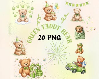 Green Teddy Bear Clipart PNG Bundle: Adorable Bear Graphics (Digital Download)