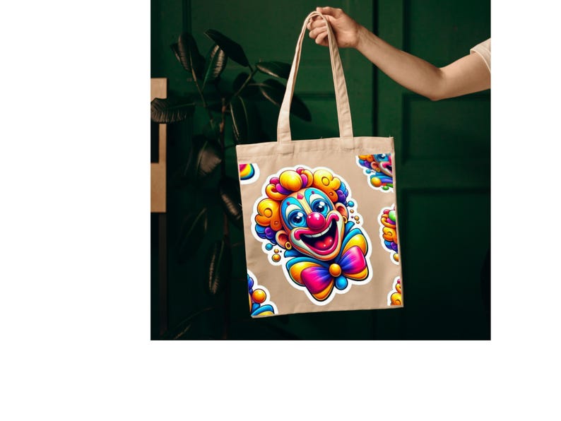 May include: A beige canvas tote bag featuring a repeating pattern of a colorful clown face with bright yellow hair, a red nose, blue accents, and a multi-colored bow tie. The design is printed in a vibrant, cartoon-style graphic on the fabric.