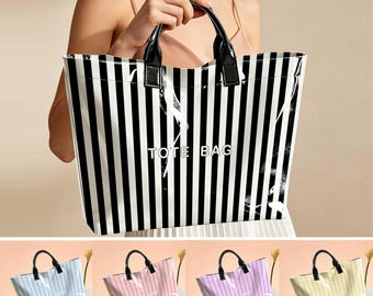 New Striped Glossy PVC Tote Bag, Pink Apricot Vertical Stripe Large Capacity Waterproof Handbag for Women Daily Shopping Beach Travel