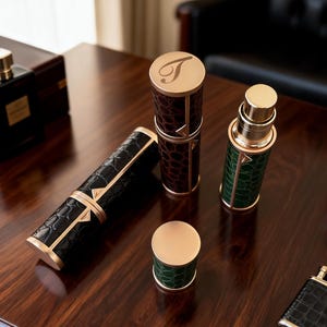 Peut inclure: Une collection d'étuis cylindriques et un briquet présentant une texture gaufrée façon crocodile noire, marron foncé ou verte avec des accents en métal doré. Un grand étui marron affiche une lettre T dorée sur le couvercle, accompagné d'un briquet assorti.