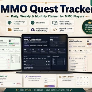 May include: Image of the "MMO Quest Tracker," a digital planner for MMO players. The image shows the tracker on a laptop, tablet, and smartphone, highlighting features like daily, weekly, and monthly planning, and offline functionality.