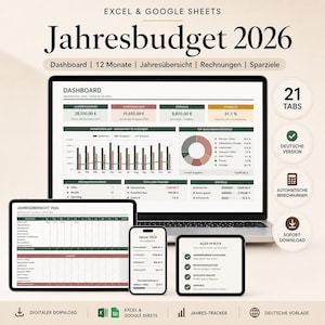 Könnte beinhalten: Ein digitales Finanzplanungs-Template für Excel und Google Sheets, mit Laptop, Tablet, Smartphone und kleinem Tablet. Das Dashboard zeigt Finanzdaten, Diagramme und den Text "Jahresbudget 2026". Zusätzliche Symbole und Text sind ebenfalls sichtbar.
