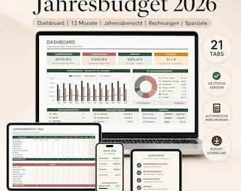 Jahresbudget 2026 Excel Vorlage Deutsch | Finanz Dashboard Google Sheets | Haushaltsbuch mit Tracker | Deutsche Version