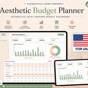Könnte beinhalten: Ein digitales Budgetplaner-Dashboard auf einem Computermonitor und einem Tablet-Bildschirm. Die Benutzeroberfläche enthält Text wie Aesthetic Budget Planner, Hello Finance Queen und Interactive Yearly Ledger sowie Diagramme und Finanzdaten.