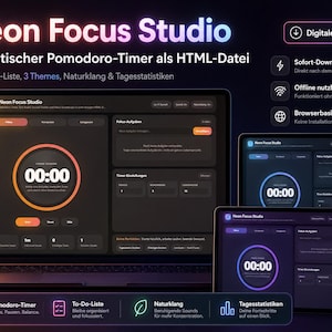 Neon Focus Studio Pomodoro Timer HTML-bestand, digitale focustimer met takenlijst, natuurgeluiden, 3 thema's, offline productiviteitstool