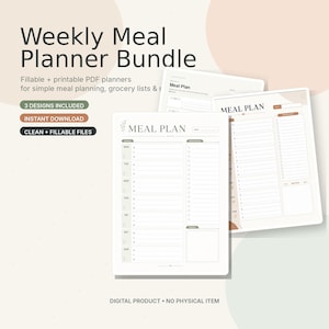 Könnte beinhalten: Ein Bundle aus druckbaren PDF-Essensplanern mit minimalistischem Design. Die Planer bieten Platz für die tägliche Essensplanung, Einkaufslisten und Ziele. Der Text auf dem Bild lautet "Weekly Meal Planner Bundle", "3 Designs Included", "Instant Download" und "Clean + Fillable Files".