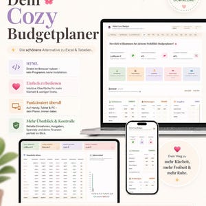 May include: A digital budget planner interface displayed on a laptop, tablet, and smartphone. The screen shows financial tracking categories, monthly balances, and income charts with text in German including Dein Cozy Budgetplaner.