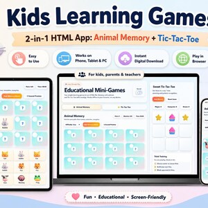 Kids Learning Games HTML App, Animal Memory Game + Tic Tac Toe, Educational Browser Game for Kids, Instant Digital Download, Phone Tablet PC