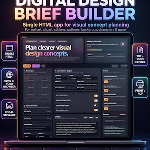 Könnte beinhalten: Eine Benutzeroberfläche für einen digitalen Design-Brief-Builder auf einem Laptop-Bildschirm. Die Software dient der visuellen Konzeptplanung mit Funktionen für Wandkunst, Aufkleber und mehr. Die Oberfläche ist dunkel mit weißem Text und Symbolen.