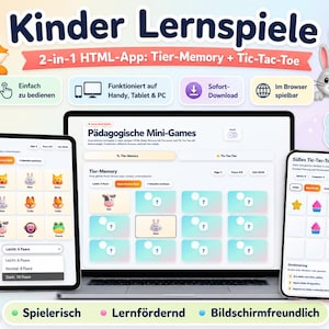 Children's Learning Games HTML App, Animal Memory Game + Tic Tac Toe, Digital Learning Game for Children, Browser Game, Mobile Phone Tablet PC