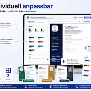 Könnte beinhalten: Ein Laptop-Bildschirm zeigt eine Benutzeroberfläche zur Erstellung von Lebensläufen. Die Oberfläche bietet anpassbare Designoptionen, einschließlich Farbprofile und Layoutauswahlen. Der Text im Bild lautet "Individuell anpassbar" und "Premium Lebenslauf Studio".