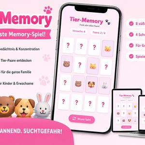 Juego de memoria de animales para niños (archivo HTML) | Juego digital para aprender alemán para móviles, tabletas y ordenadores | Una alternativa divertida a las hojas de cálculo