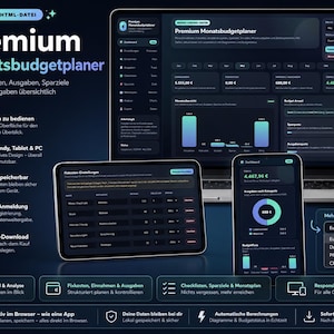 Könnte beinhalten: Ein interaktiver digitaler Monatsbudgetplaner auf einem Laptop, Tablet und Smartphone. Die Benutzeroberfläche im Dark Mode mit türkisfarbenen Akzenten zeigt Finanzübersichten, Ausgabenkategorien, Diagramme und Menüs zur Währungsauswahl.