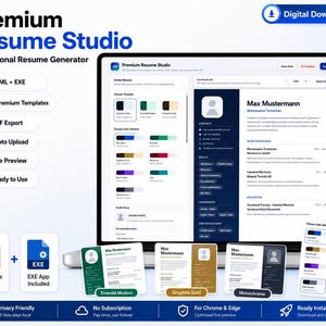 Könnte beinhalten: Ein Laptop-Bildschirm zeigt die Software "Premium Resume Studio" mit verschiedenen Vorlagen und Optionen. Die Funktionen umfassen HTML- und EXE-Dateien, 3 Vorlagen, PDF-Export, Foto-Upload und Live-Vorschau. Verschiedene Farbschemata sind zu sehen.