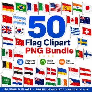 Könnte beinhalten: Eine digitale Sammlung von 50 Weltflaggen als PNG-Paket. Das Bild enthält den Text 50 Flag Clipart PNG Bundle sowie Symbole für transparenten Hintergrund, Sofort-Download und hohe Auflösung, ergänzt durch den Text premium quality.