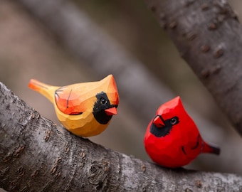 Hand Carved Wooden Cardinal Pair Figurines, Rustic Bird Decor, Natural Wood Statue