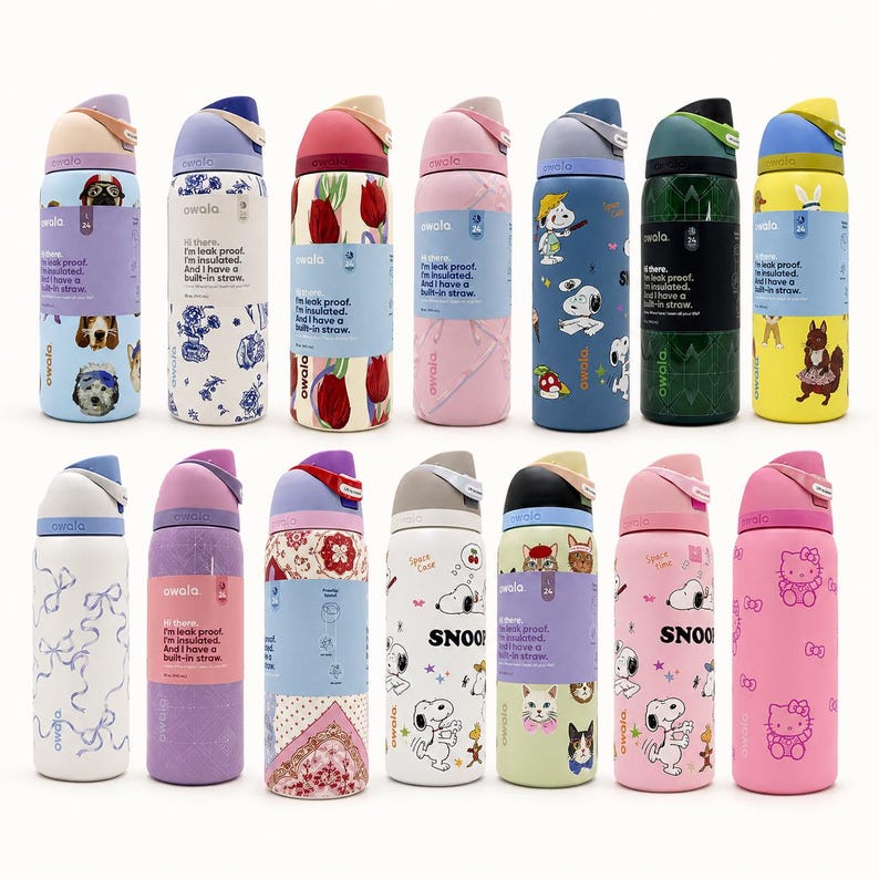 May include: A collection of fourteen Owala insulated water bottles with built-in straws, featuring various colorful patterns including Snoopy, Hello Kitty, floral prints, animal illustrations, and solid pastel colors, each with a unique flip-top lid.