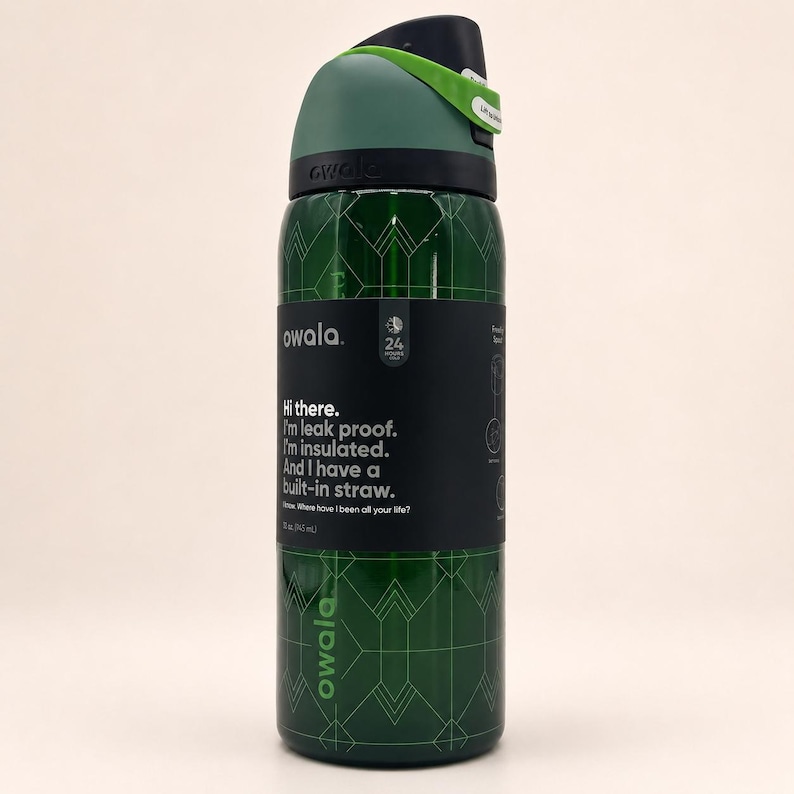 May include: A dark green Owala water bottle with a 32 oz capacity, featuring a black label with white text that reads: Hi there. I'm leak proof. I'm insulated. And I have a built-in straw. The bottle has a geometric line pattern and a black lid.