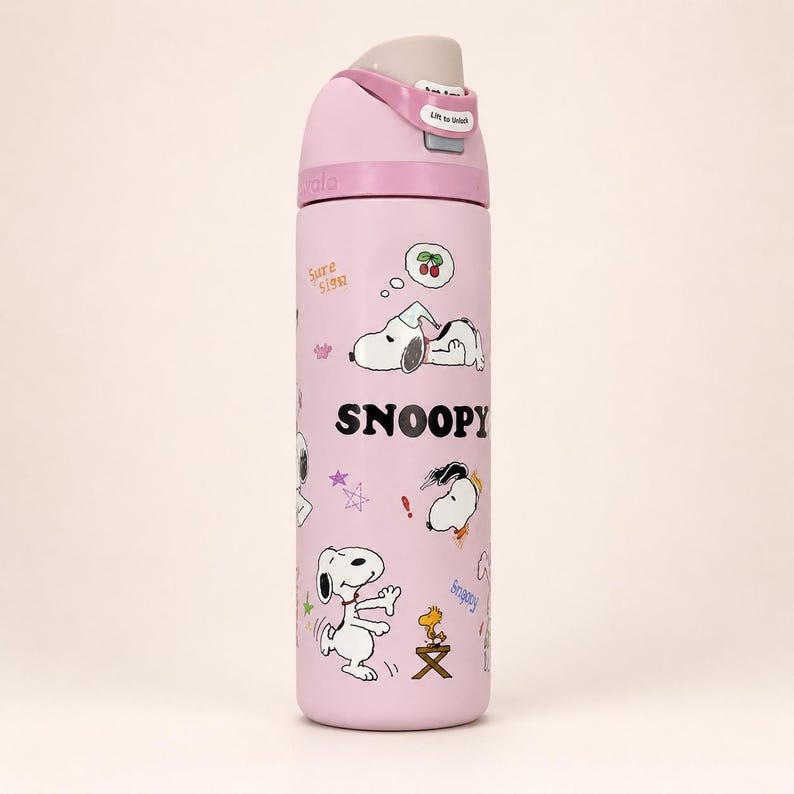 May include: A light pink water bottle featuring Snoopy graphics, the text "SNOOPY", "Sure sign", and "Lift to unlock" on the lid. The design includes illustrations of Snoopy in various poses, a small yellow bird, cherries, stars, and exclamation marks.