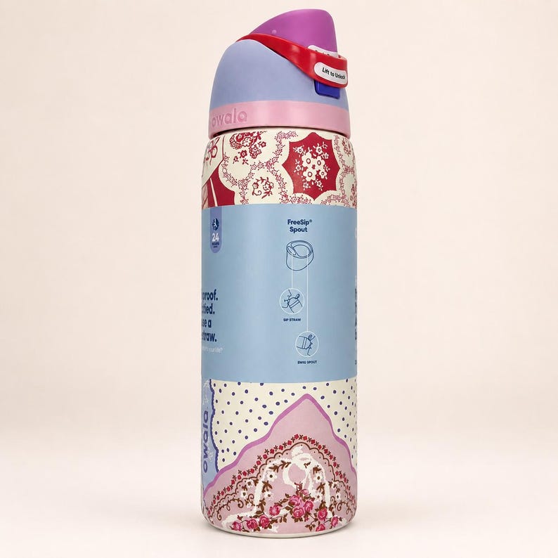 May include: A cylindrical Owala water bottle featuring a light blue and cream base with a red and white floral pattern. The lid is light purple with a red locking mechanism labeled Lift to Unlock. Text on the bottle details the FreeSip spout features.