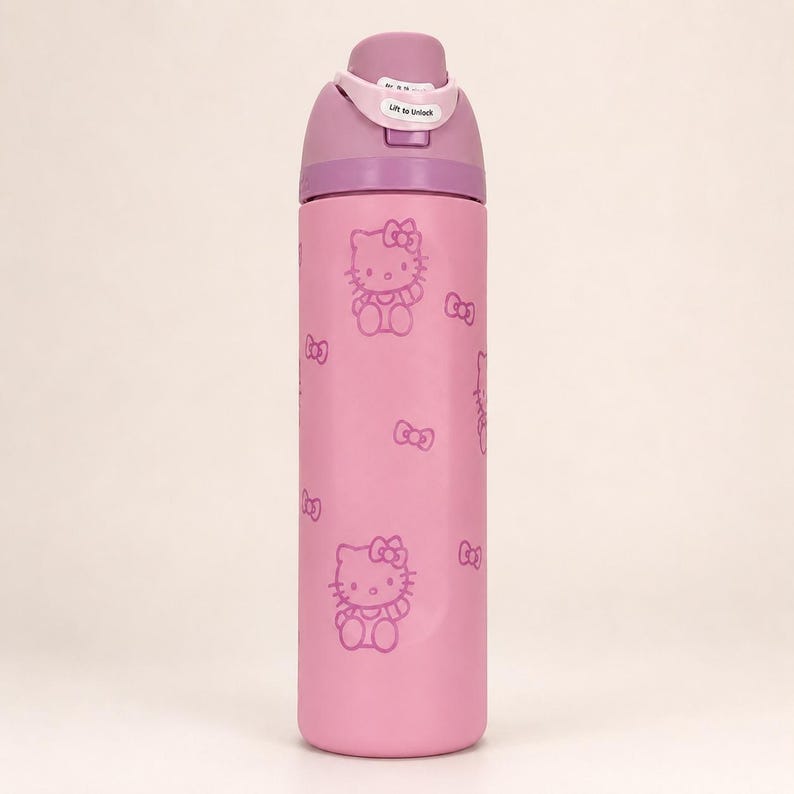 May include: A light pink water bottle featuring a repeating pattern of Hello Kitty characters and small bows in a darker pink outline. The bottle has a purple lid with a flip-top mechanism that includes a white tab labeled Lift to Unlock.