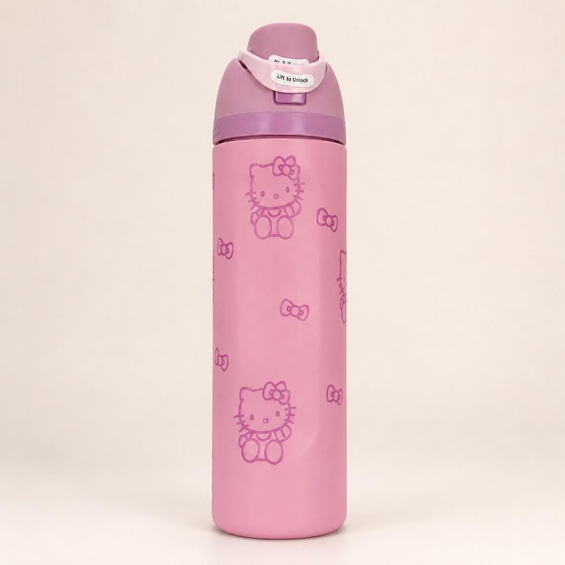 K&ouml;nnte beinhalten: Eine hellrosa Trinkflasche mit einem wiederkehrenden Muster aus Hello Kitty-Figuren und kleinen Schleifen in dunkelrosa Umrissen. Die Flasche hat einen violetten Deckel mit Klappmechanismus und einer wei&szlig;en Lasche mit der Aufschrift Lift to Unlock.