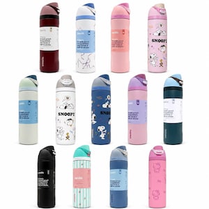May include: A collection of thirteen Owala insulated water bottles in various solid colors and patterned designs, including Snoopy and Hello Kitty themes. Each bottle features a flip-top lid with a built-in straw and a label with product text.