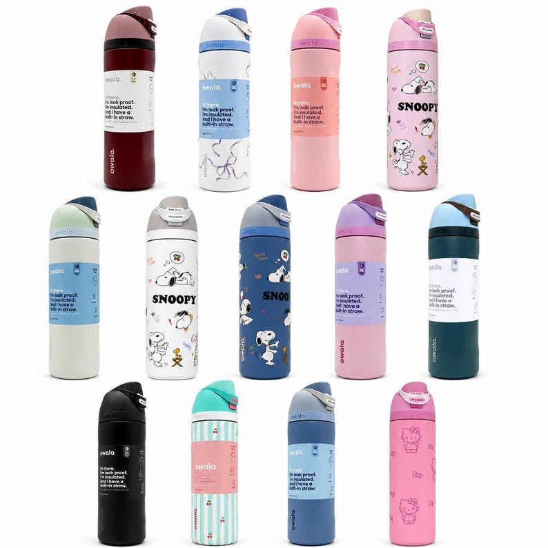 May include: A collection of thirteen Owala insulated water bottles in various solid colors and patterned designs, including Snoopy and Hello Kitty themes. Each bottle features a flip-top lid with a built-in straw and a label with product text.