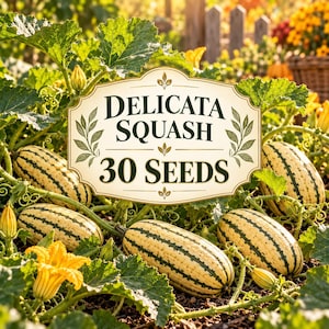 Op de afbeelding: Een etiket met de tekst Delicata Squash 30 Seeds gecentreerd boven een tuinscène met verschillende bleekgele, langwerpige pompoenen met donkergroene verticale strepen, grote groene bladeren en heldergele bloesems aan de rank.