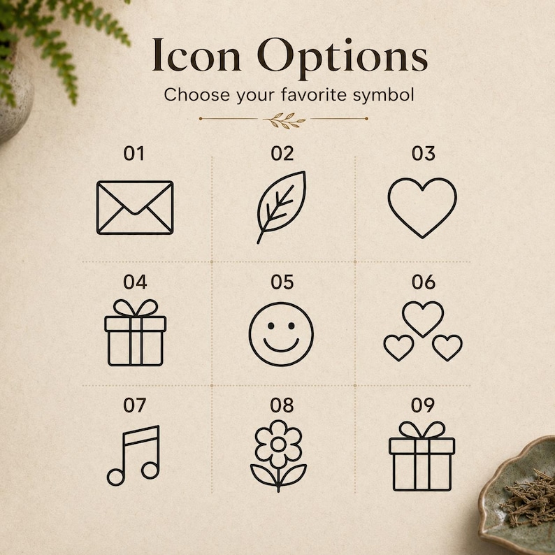 May include: A grid of nine black line art icons labelled 01 through 09 with the text Icon Options and Choose your favourite symbol at the top. The icons include an envelope, leaf, heart, gift box, smiley face, three hearts, music note, and flower.