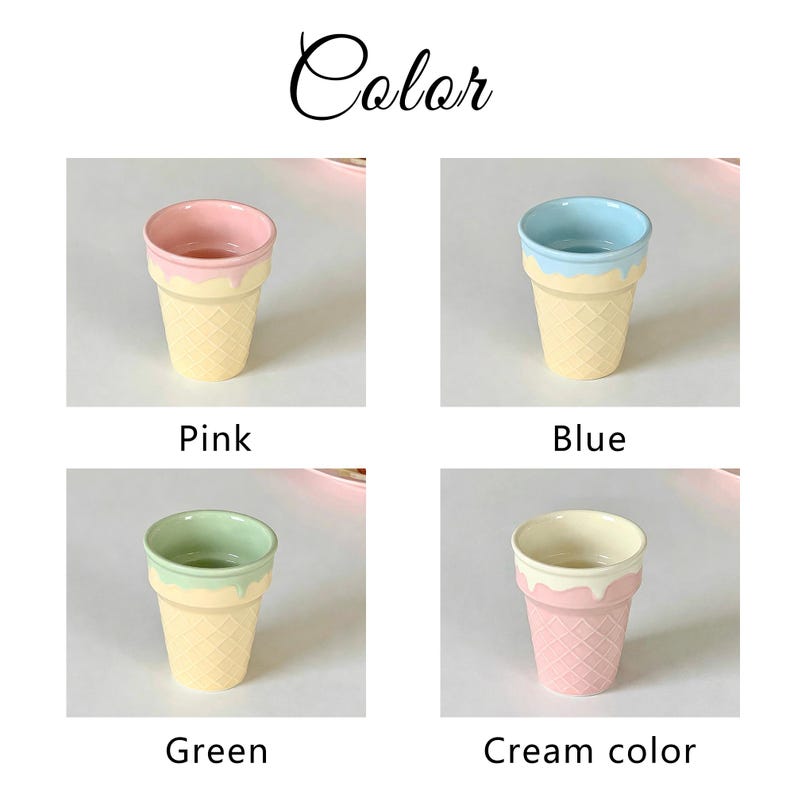 May include: Four ceramic ice cream cone-shaped cups in pink, blue, green, and cream colors. The cups have a textured cone base and a smooth, colored top. The word "Color" is written in cursive at the top of the image.