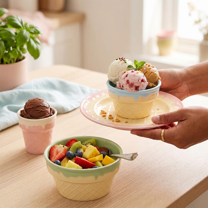 May include: A table setting featuring ice cream and fruit. A bowl of mixed fruit sits next to a pink ice cream cup with chocolate ice cream. A person holds a dish with an ice cream cone-shaped bowl filled with ice cream.