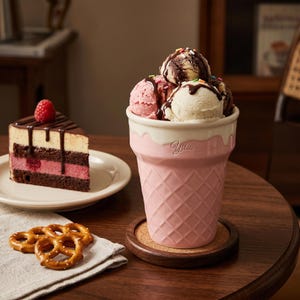 May include: A pink ceramic ice cream cup filled with scoops of ice cream, drizzled with chocolate sauce and sprinkles. The cup has a waffle cone design and the word "Yilia" is written on the side. A slice of cake and pretzels are also on the table.