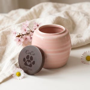 Peut inclure: Un urne rose en céramique pour animaux de compagnie avec un couvercle assorti. Le couvercle est gravé du nom "Coco", d'une empreinte de patte avec un cœur et des années "2015-2026". L'urne est à côté d'une branche de fleurs roses et d'une marguerite.