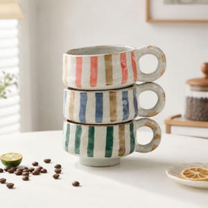 Personlig handgjord randig keramisk kaffemugg, handmålad Wabi-Sabi lergodsmugg, modern minimalistisk kontorsmugg, födelsedagspresent