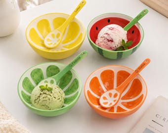 Birthday Custom Fruit Ceramic Ice Cream Bowl Spoon Set, Hand-Painted Fruit Mini Dinnerware, Engraved for Baby Food, Housewarming Gift