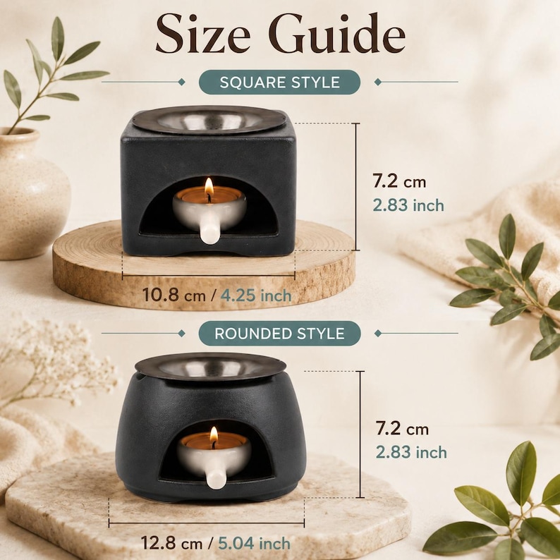 May include: A size guide for two black ceramic wax warmers. The square style measures 10.8 cm wide by 7.2 cm high. The rounded style measures 12.8 cm wide by 7.2 cm high. Both feature a metal dish and a lit tea light candle inside the base.