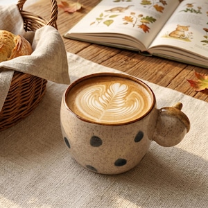 May include: A speckled beige ceramic mug with a latte art design, featuring a unique acorn-shaped handle. The mug is filled with coffee and sits on a linen cloth. A basket of bread and an open book are in the background.