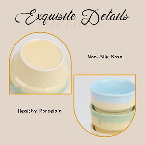 May include: Ceramic bowls with a waffle cone design and a light blue and yellow color scheme. The bowls have the text "Exquisite Details", "Non-Slip Base", and "Healthy Porcelain".