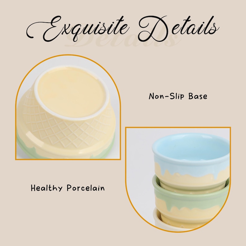 May include: Ceramic bowls with a waffle cone design and a light blue and yellow color scheme. The bowls have the text "Exquisite Details", "Non-Slip Base", and "Healthy Porcelain".